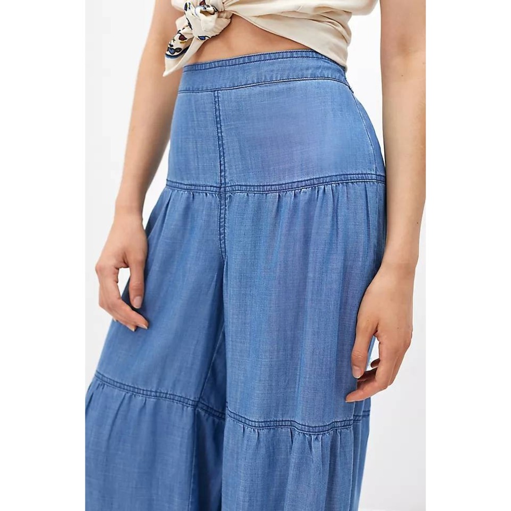 Anthropologie Current Air Chambray Tiered Wide Leg Pant M Blue Flowy Modern Boho - Picture 3 of 16